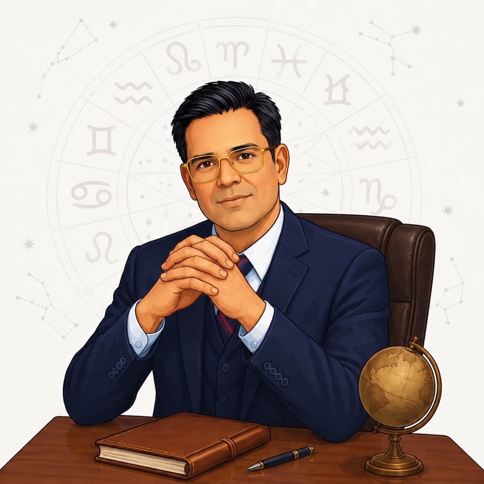 Astro Ratan at his desk — globe and almanac at hand, mid-consultation.